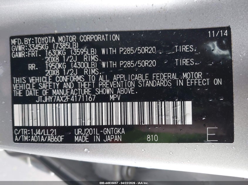2015 Lexus Lx 570 VIN: JTJHY7AX2F4171167 Lot: 44935057