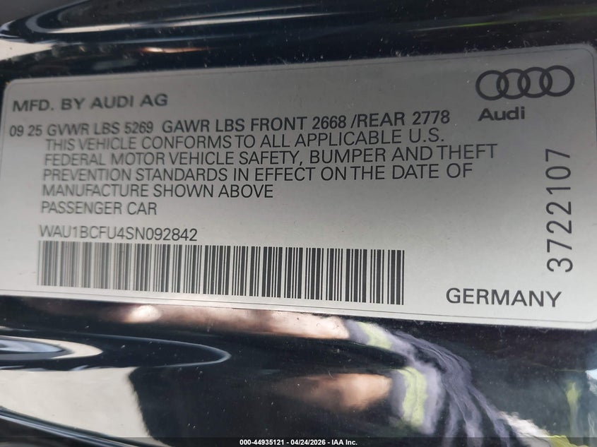 2025 Audi All-New A5 Premium Tfsi Quattro S Tronic VIN: WAU1BCFU4SN092842 Lot: 44935121