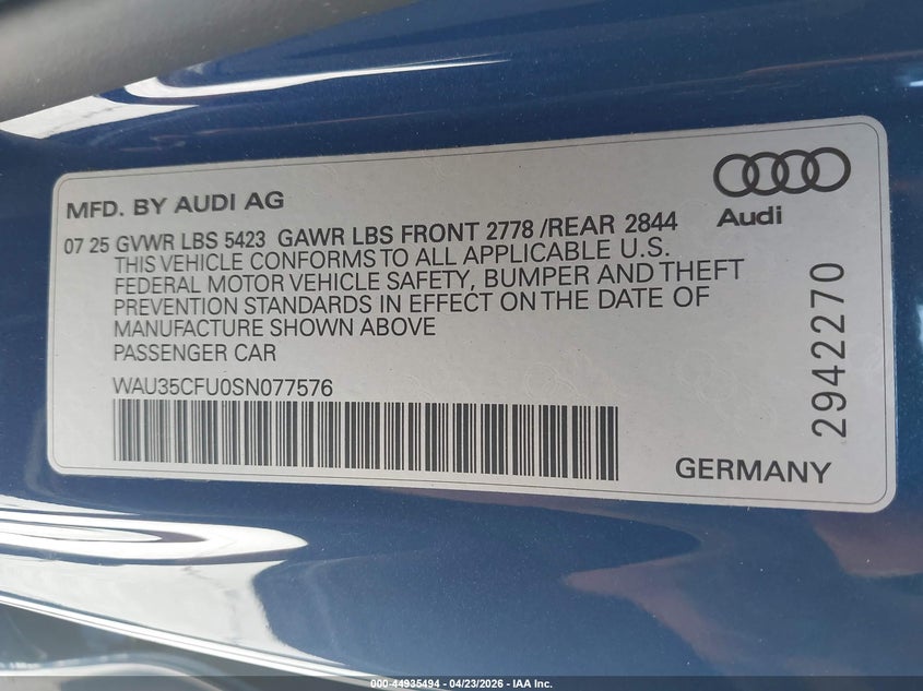 2025 Audi All-New S5 Prestige Tfsi Quattro S Tronic VIN: WAU35CFU0SN077576 Lot: 44935494