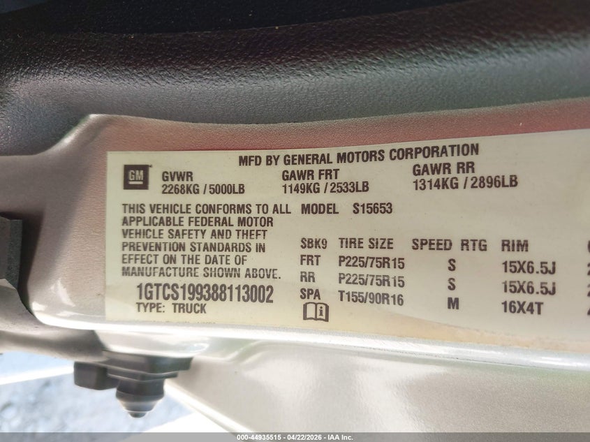 2008 GMC Canyon Sle1 VIN: 1GTCS199388113002 Lot: 44935515