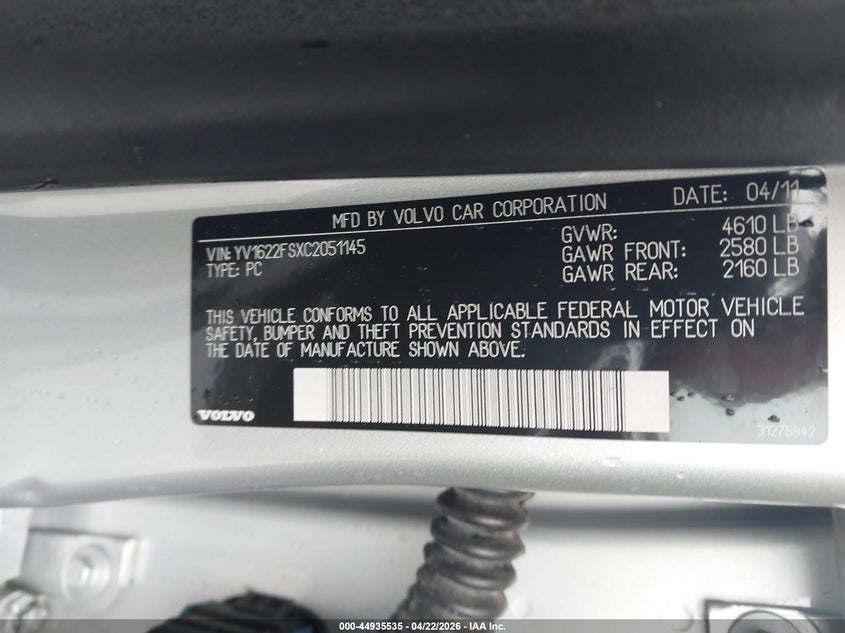 2012 Volvo S60 T5 VIN: YV1622FSXC2051145 Lot: 44935535