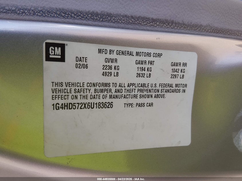 2006 Buick Lucerne Cxl VIN: 1G4HD572X6U183626 Lot: 44935588