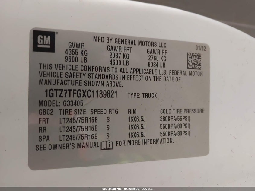 2012 GMC Savana 3500 Work Van VIN: 1GTZ7TFGXC1139821 Lot: 44935795