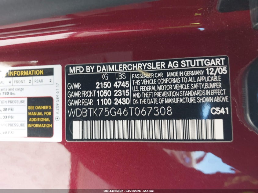 2006 Mercedes-Benz Clk 500 VIN: WDBTK75G46T067308 Lot: 44935892