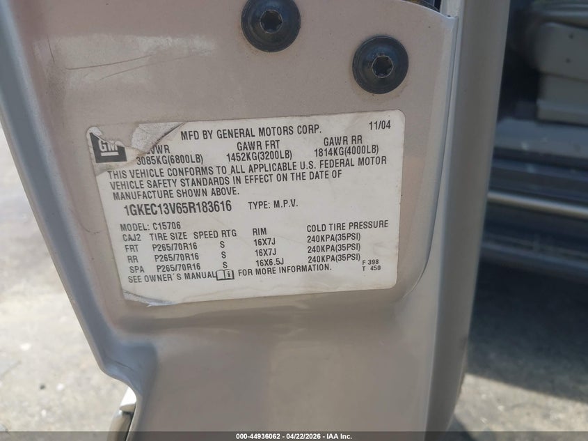 2005 GMC Yukon Sle VIN: 1GKEC13V65R183616 Lot: 44936062