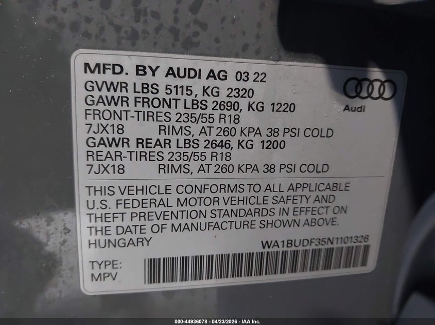 2022 Audi Q3 Premium Plus 40 Tfsi Quattro Tiptronic VIN: WA1BUDF35N1101326 Lot: 44936078