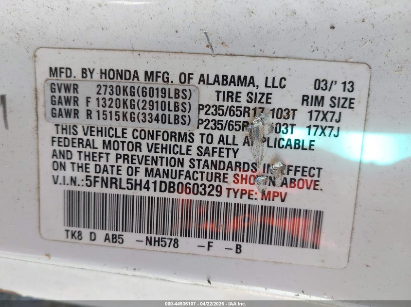 HONDA ODYSSEY 2013 VIN 5FNRL5H41DB060329