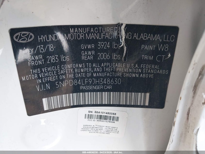 VIN 5NPD84LF9JH348630 2018 HYUNDAI ELANTRA VALUE EDITION