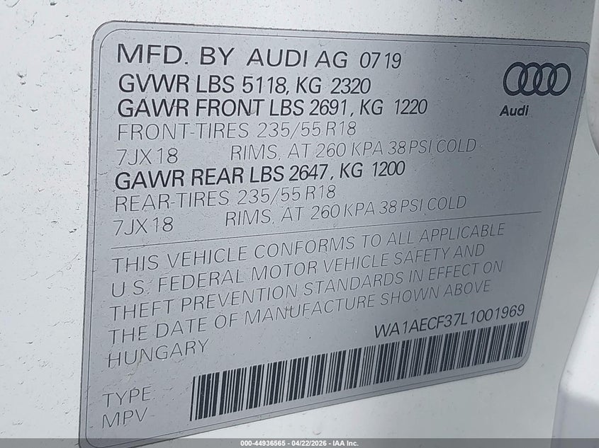 2020 Audi Q3 Premium 45 Tfsi Quattro Tiptronic VIN: WA1AECF37L1001969 Lot: 44936565