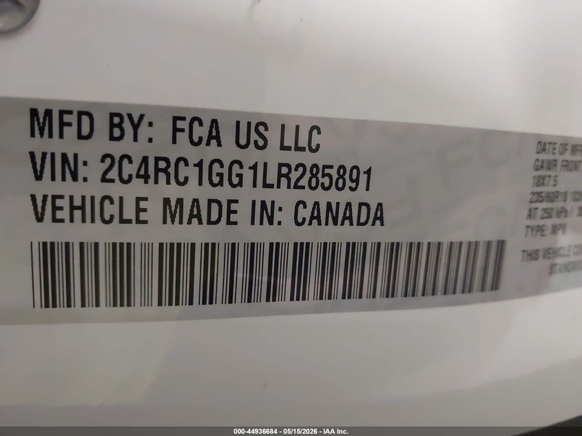 CHRYSLER PACIFICA 2020 VIN 2C4RC1GG1LR285891