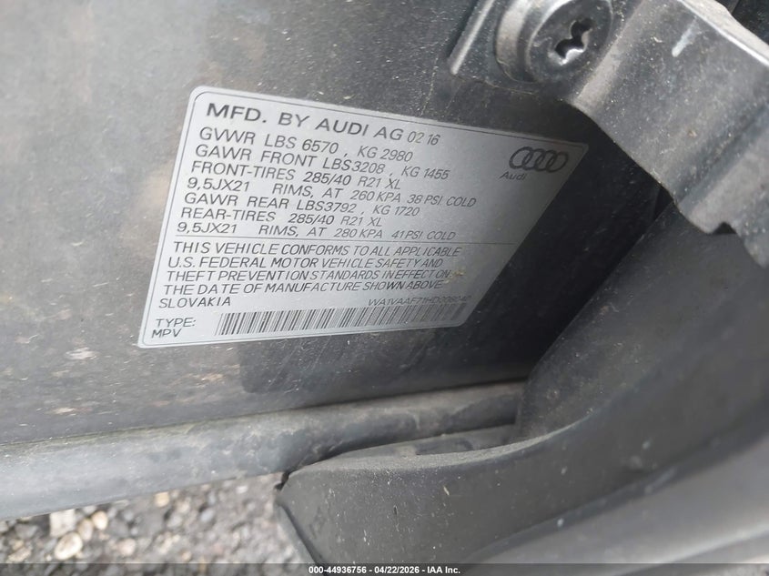 2017 Audi Q7 3.0T Premium VIN: WA1VAAF71HD008040 Lot: 44936756