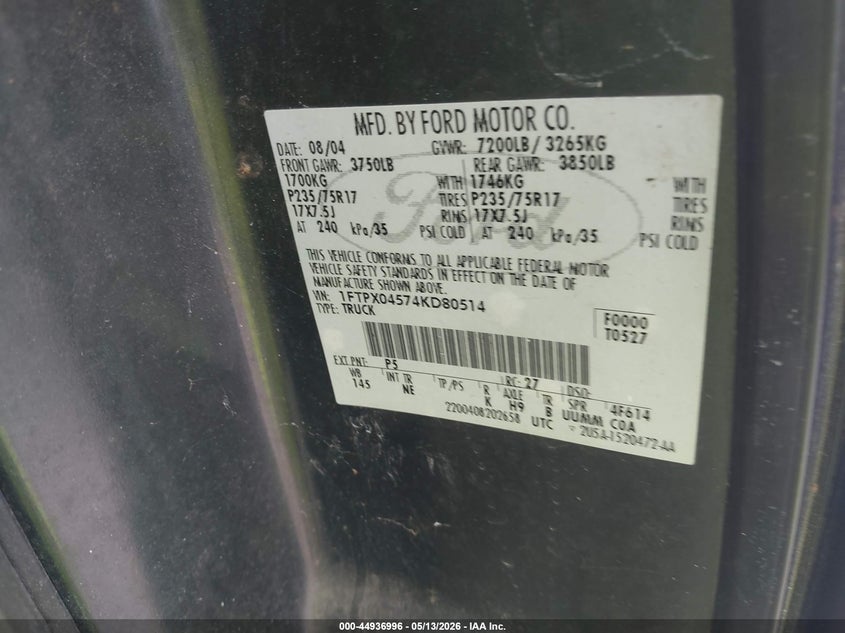 2004 FORD F-150 TRUCK 5.4L V-8 VVT, 300HP