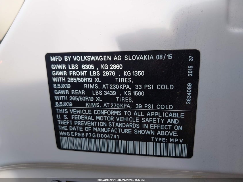 2016 Volkswagen Touareg Tdi Lux VIN: WVGEP9BP7GD004741 Lot: 44937221