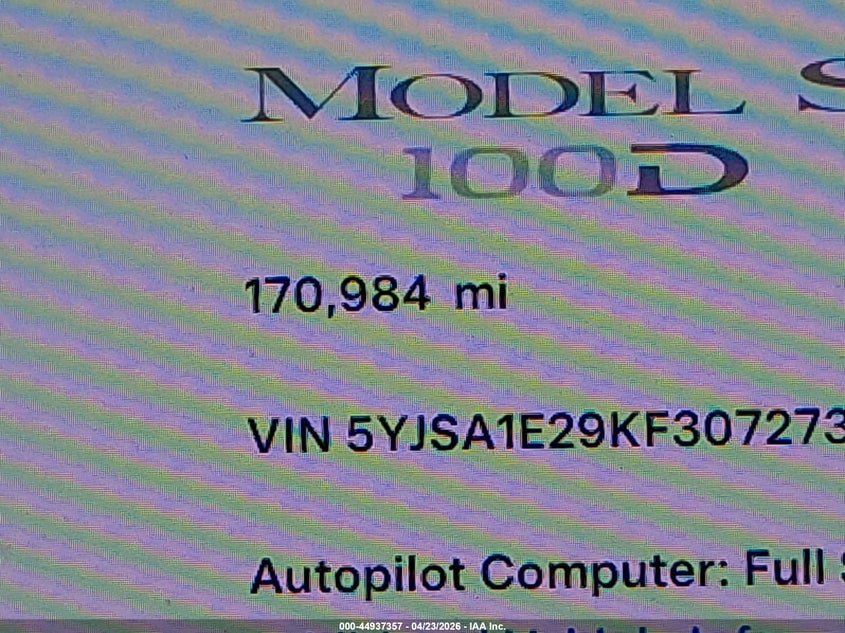 2019 Tesla Model S 100D/75D/Long Range/Standard Range VIN: 5YJSA1E29KF307273 Lot: 44937357
