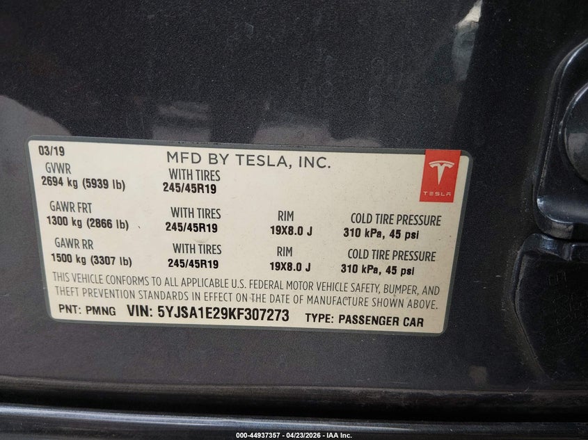 2019 Tesla Model S 100D/75D/Long Range/Standard Range VIN: 5YJSA1E29KF307273 Lot: 44937357