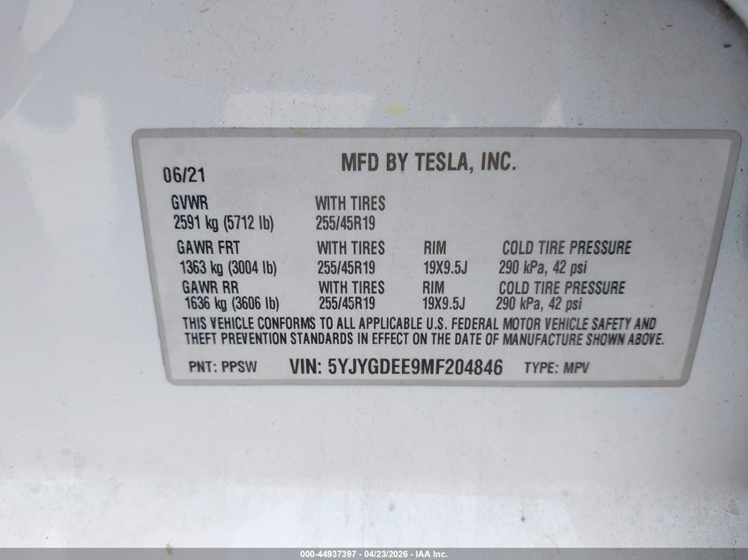 2021 Tesla Model Y Long Range Dual Motor All-Wheel Drive VIN: 5YJYGDEE9MF204846 Lot: 44937397