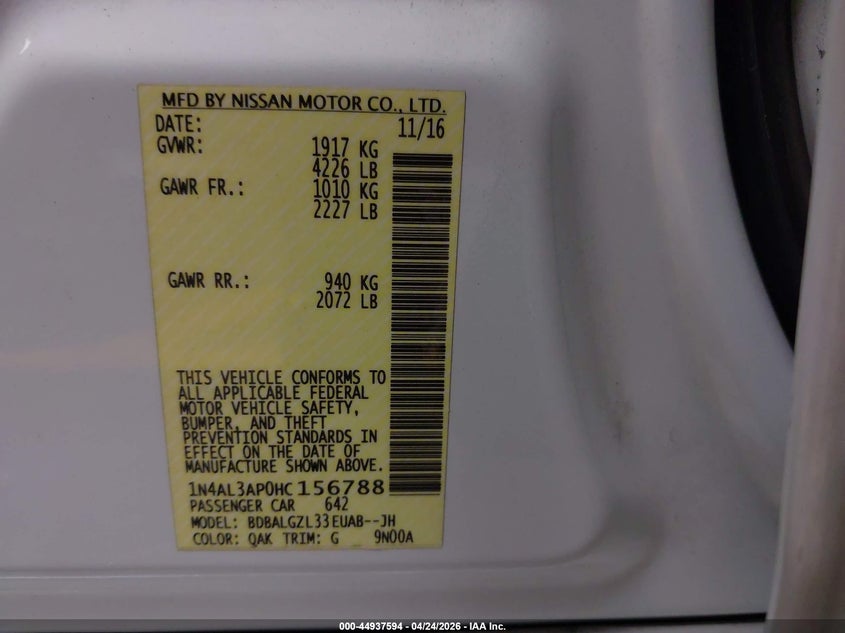 VIN 1N4AL3AP0HC156788 2017 NISSAN ALTIMA 2.5 S