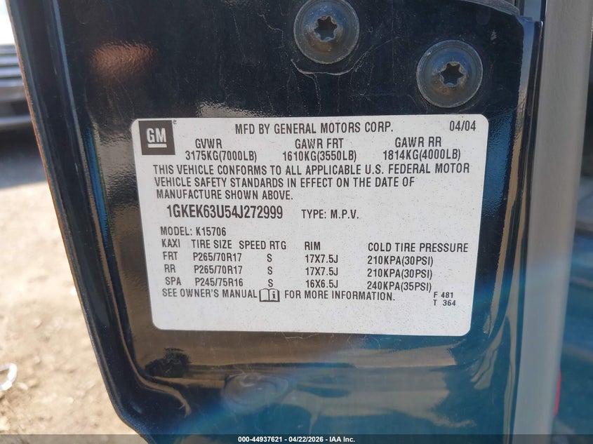 2004 GMC Yukon Denali VIN: 1GKEK63U54J272999 Lot: 44937621