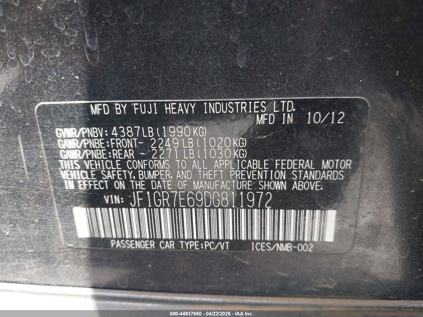 2013 Subaru Impreza Wrx VIN: JF1GR7E69DG811972 Lot: 44937660