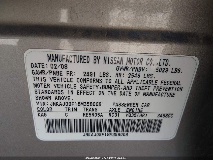 2008 Infiniti Ex35 Journey VIN: JNKAJ09F18M358008 Lot: 44937681