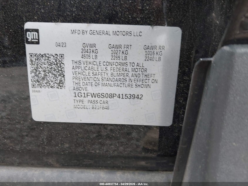 2023 Chevrolet Bolt Ev Fwd 1Lt VIN: 1G1FW6S08P4153942 Lot: 44937754