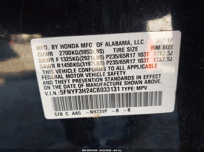 2012 Honda Pilot 3.5 Lx black Lot 111044937849 Vin 5FNYF3H24CB033131