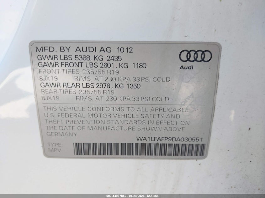 2013 Audi Q5 2.0T Premium VIN: WA1LFAFP9DA030551 Lot: 44937852