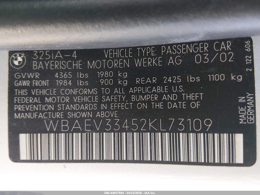 2002 BMW 325I VIN: WBAEV33452KL73109 Lot: 44937864