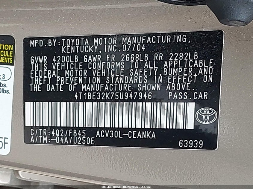 2005 Toyota Camry Le VIN: 4T1BE32K75U947946 Lot: 44938056