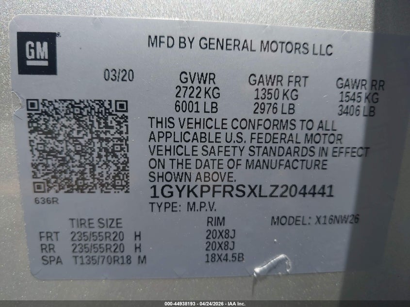 2020 Cadillac Xt6 Awd Premium Luxury VIN: 1GYKPFRSXLZ204441 Lot: 44938193