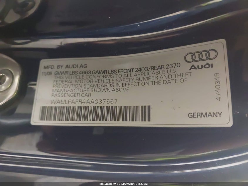 2010 Audi A5 2.0T Premium VIN: WAULFAFR4AA037567 Lot: 44938210