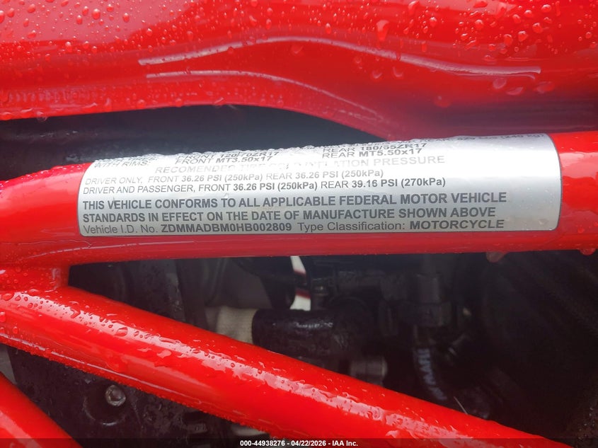 2017 Ducati Monster 797 VIN: ZDMMADBM0HB002809 Lot: 44938276