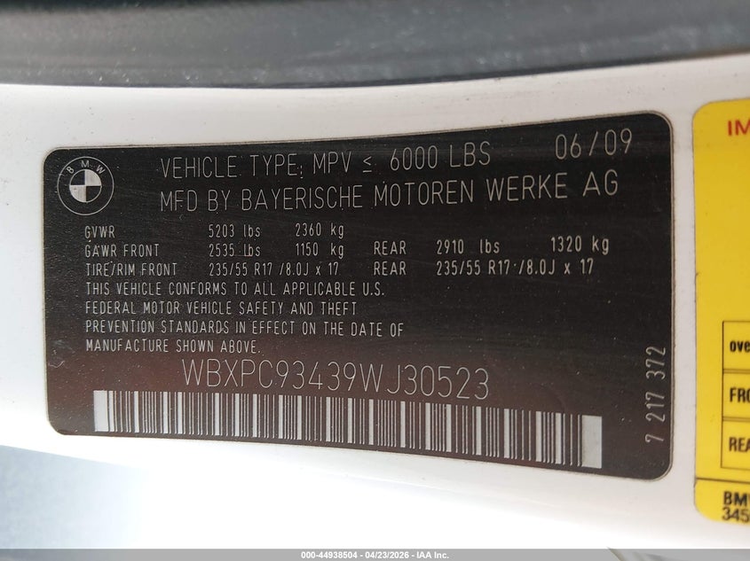 2009 BMW X3 xDrive30I VIN: WBXPC93439WJ30523 Lot: 44938504