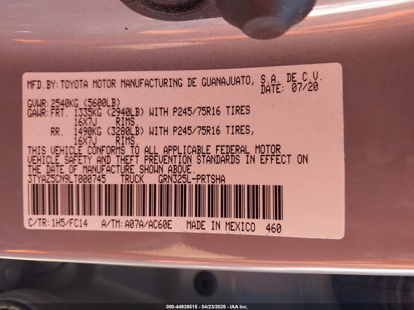 2020 Toyota Tacoma Sr5 V6 VIN: 3TYAZ5CN9LT000745 Lot: 44938515