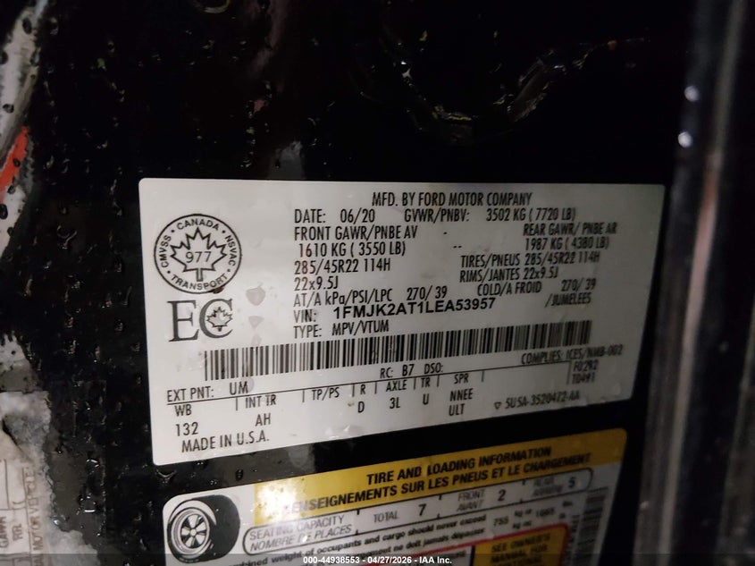 VIN 1FMJK2AT1LEA53957 2020 FORD EXPEDITION MAX LIMITED