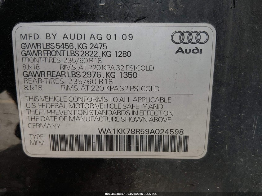 2009 Audi Q5 3.2 Premium VIN: WA1KK78R59A024598 Lot: 44938607