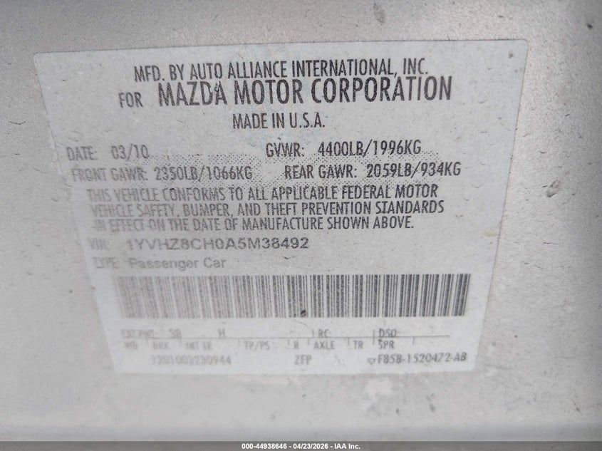 2010 MAZDA 6 SEDAN 2.5L I-4 DOHC, VVT, 168HP