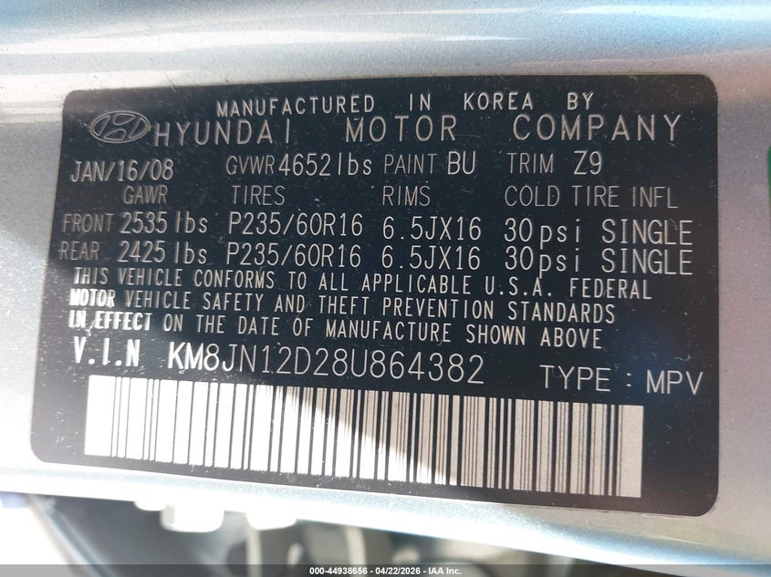 2008 Hyundai Tucson Limited V6/Se VIN: KM8JN12D28U864382 Lot: 44938656
