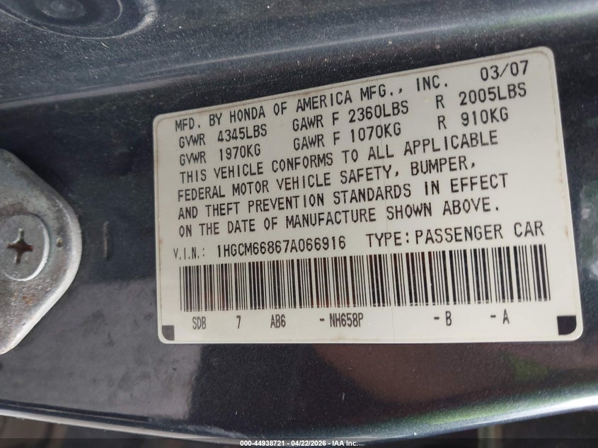 2007 HONDA ACCORD SEDAN 3.0L V-6 VVT, 244HP