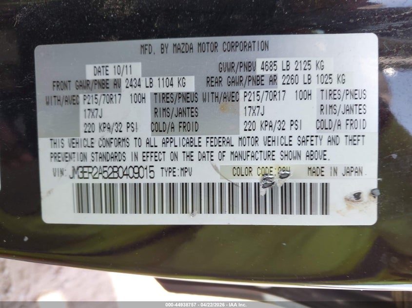 2011 Mazda Cx-7 I Sv VIN: JM3ER2A52B0409015 Lot: 44938757