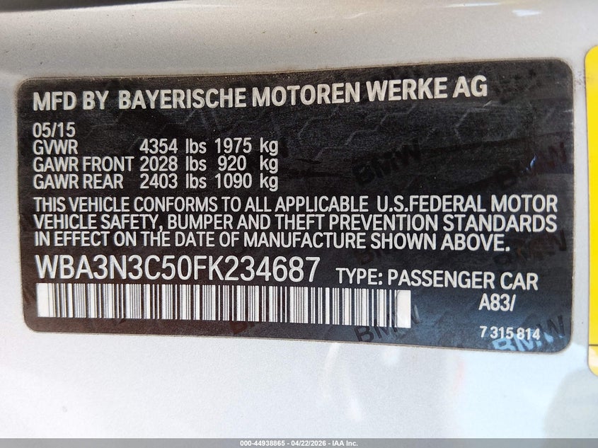 2015 BMW 428I VIN: WBA3N3C50FK234687 Lot: 44938865