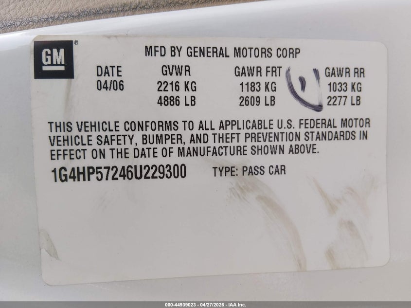 2006 Buick Lucerne Cx VIN: 1G4HP57246U229300 Lot: 44939023
