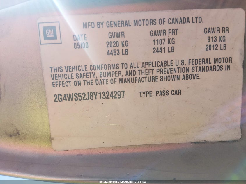 2000 Buick Century Custom VIN: 2G4WS52J8Y1324297 Lot: 44939194
