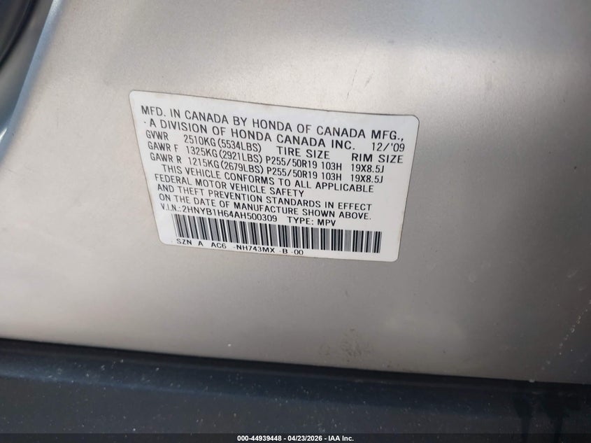 2010 Acura Zdx VIN: 2HNYB1H64AH500309 Lot: 44939448