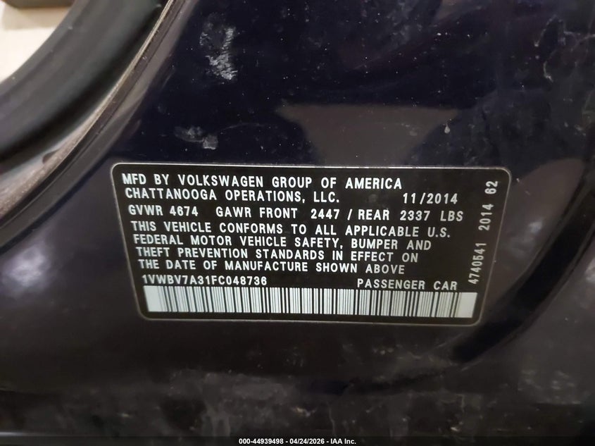 VOLKSWAGEN PASSAT 2015 VIN 1VWBV7A31FC048736