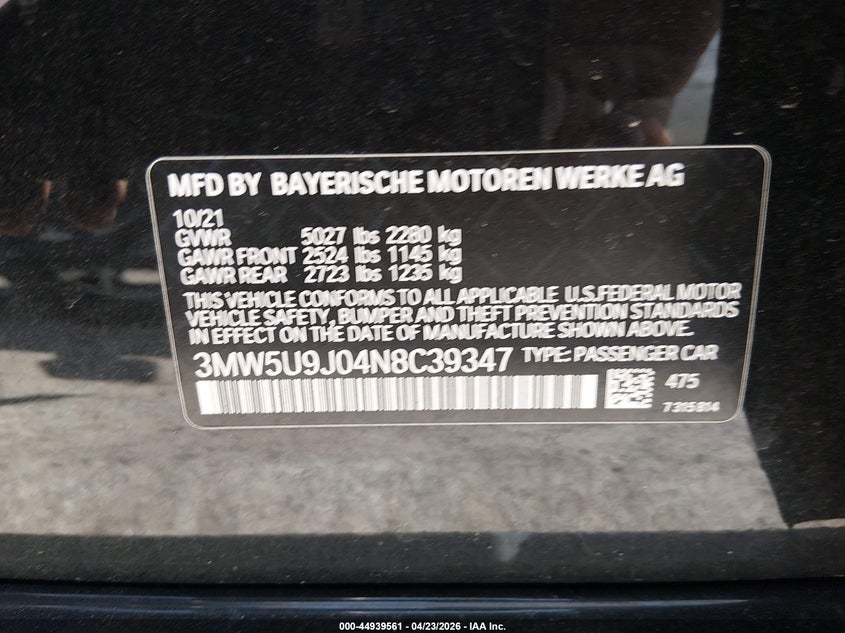 2022 BMW M340I M340I xDrive VIN: 3MW5U9J04N8C39347 Lot: 44939561