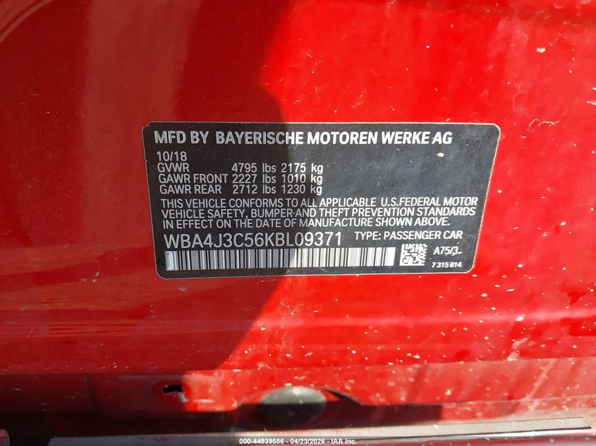 2019 BMW 430I Gran Coupe xDrive VIN: WBA4J3C56KBL09371 Lot: 44939586