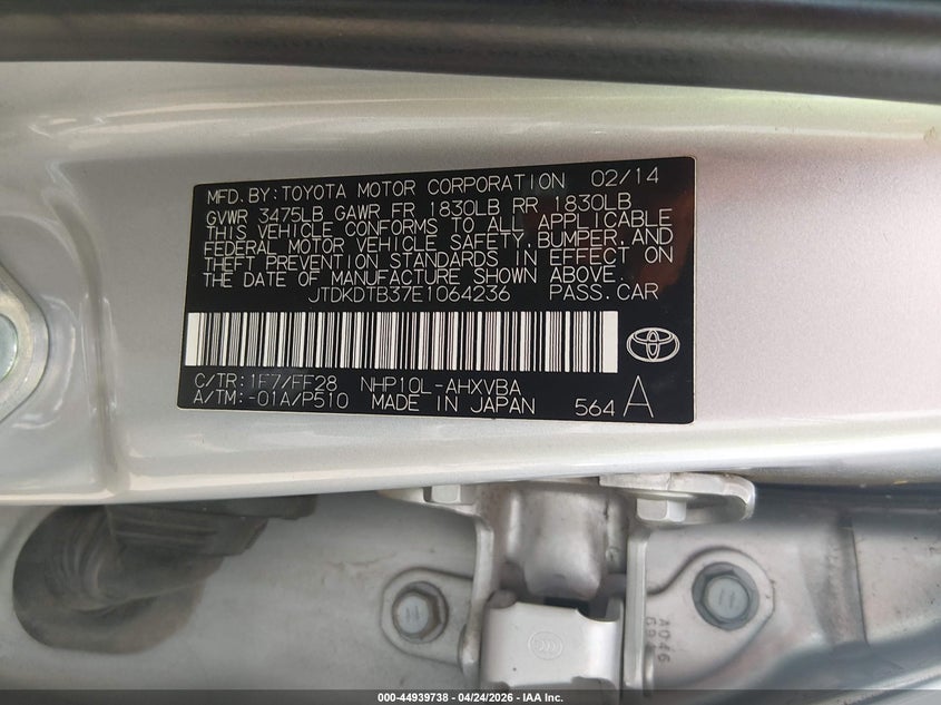 2014 Toyota Prius C Two VIN: JTDKDTB37E1064236 Lot: 44939738