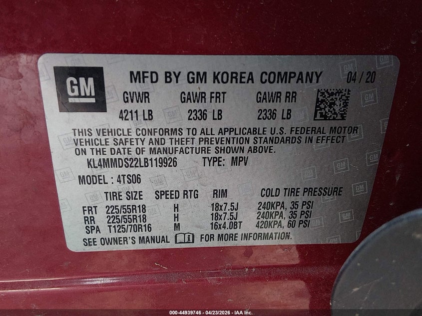 2020 Buick Encore Gx Fwd Select VIN: KL4MMDS22LB119926 Lot: 44939746