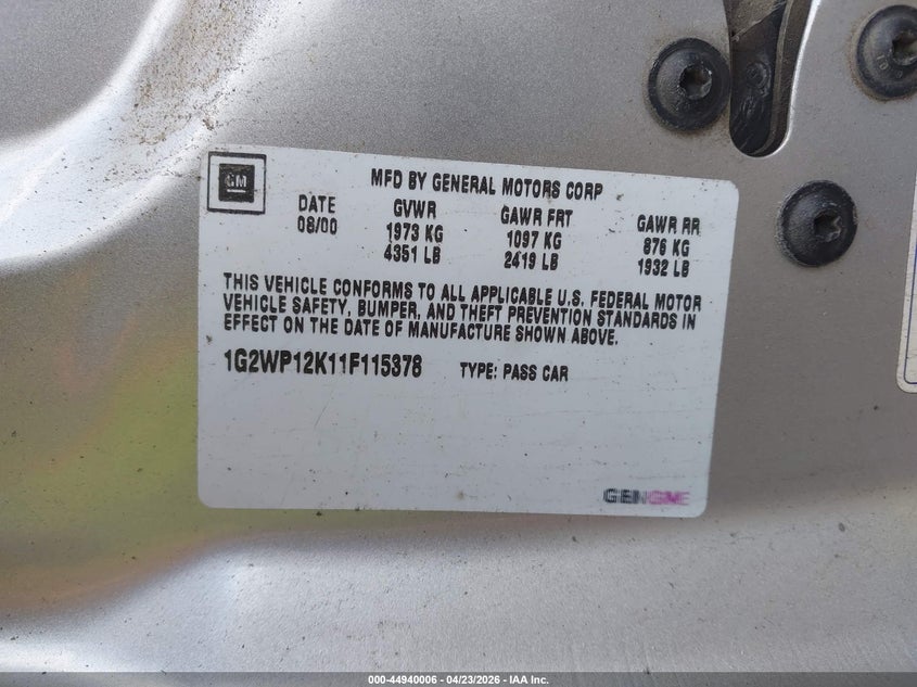 2001 Pontiac Grand Prix Gt VIN: 1G2WP12K11F115378 Lot: 44940006